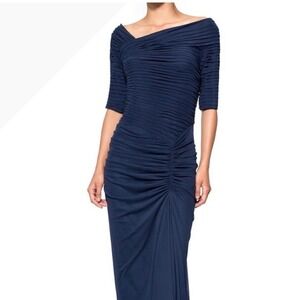 Tadashi Shoji Mesh Ruched Midi Gown Womens S Purple Off Shoulder Formal Evening
